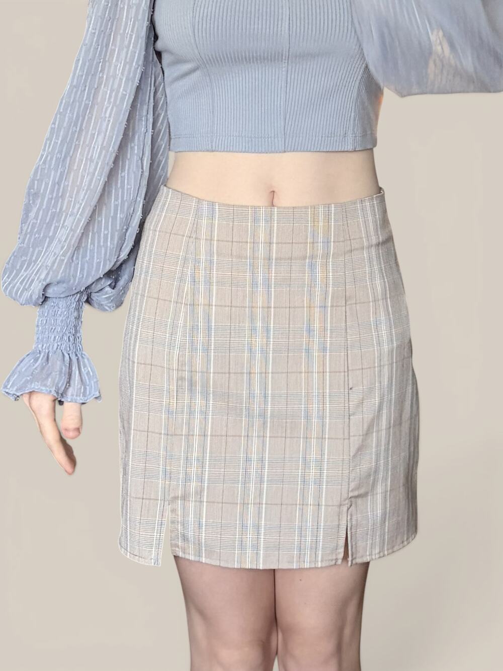 Altard State Teddi Glen Plaid Mini Pencil Skirt High Rise Taupe XS